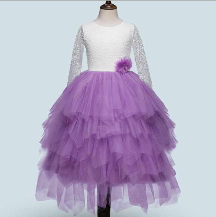 Autumn And Winter Explosions Hollow Children's Skirt Lace Long-sleeved Girls White Princess Dress Irregular Dress Purple - D&A