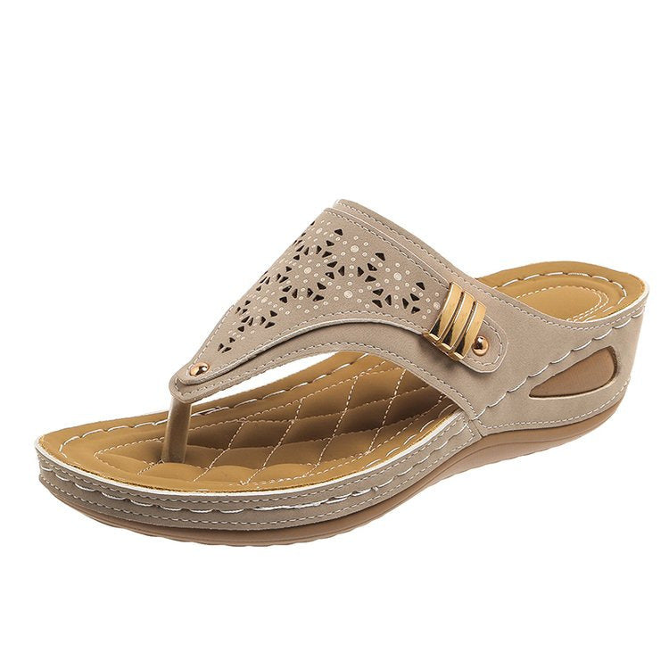 Fashion Hollowed-out Women's Flip-flops Light Gray Khaki - D&A