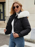 Women's Chic Mint Green Puffer Jacket With Faux Fur Trim Hood - D&A