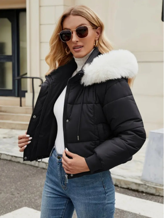 Women's Chic Mint Green Puffer Jacket With Faux Fur Trim Hood - D&A
