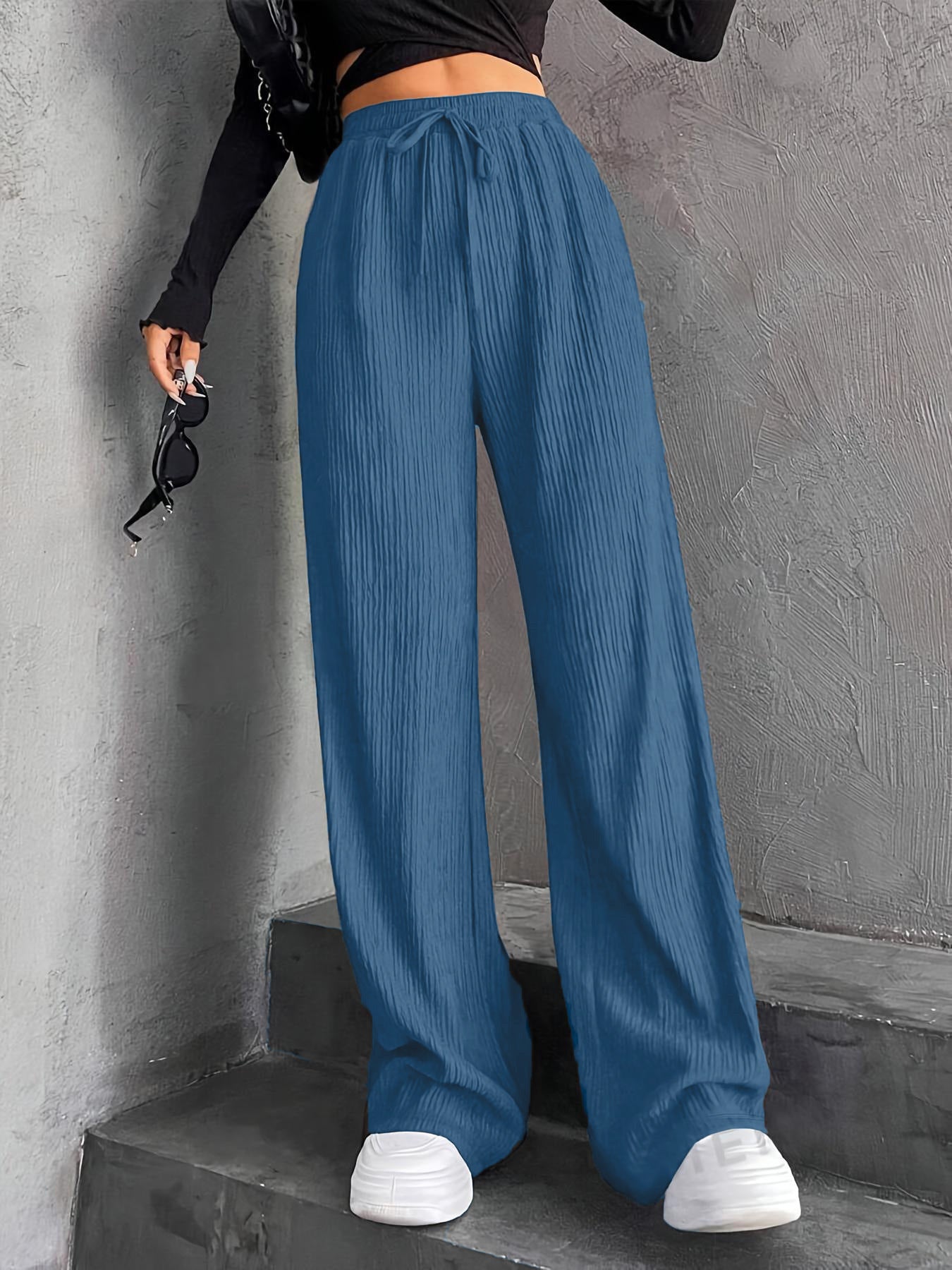 New Women's Elastic Waist Pinstripe Road Straight Wide Leg Light Blue - D&A