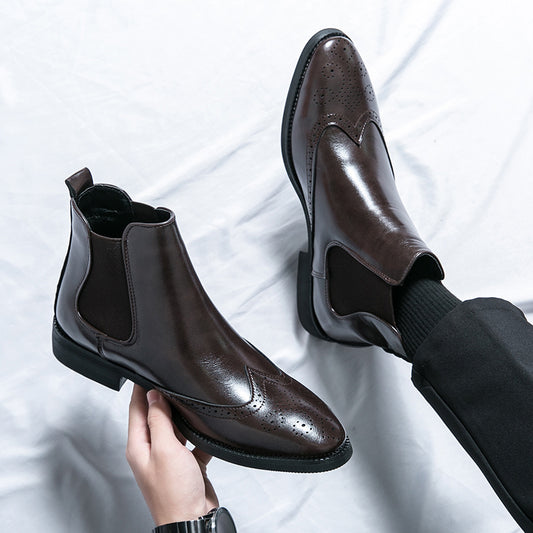 High-top Leather Shoes Men's Pointed Chelsea Booties - D&A