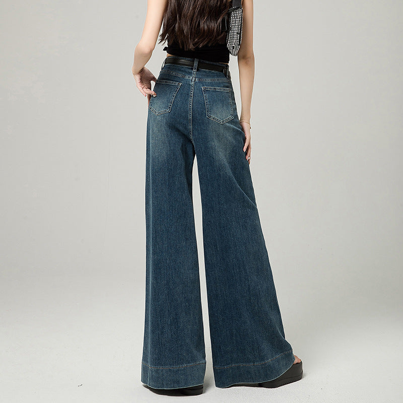 Dark Blue Narrow Version Korean Simple High Waist Loose Small Mop Wide Leg Pants - D&A