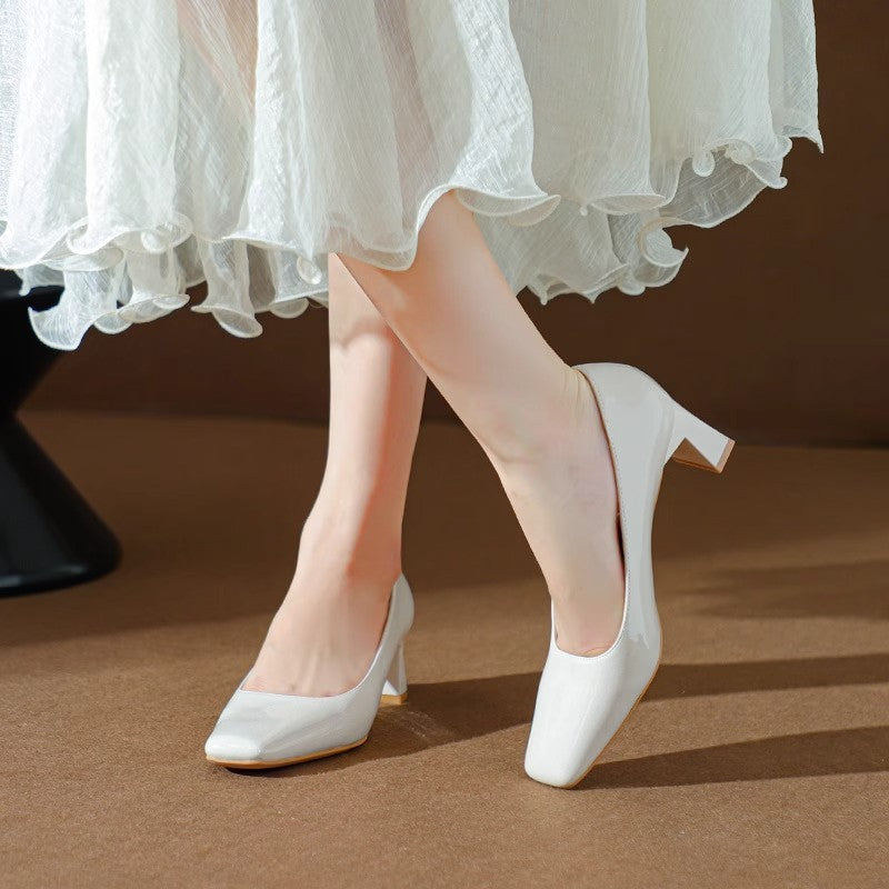 Classic Style High Heel Patent Leather Square Toe Light Luxury French Shoes - D&A