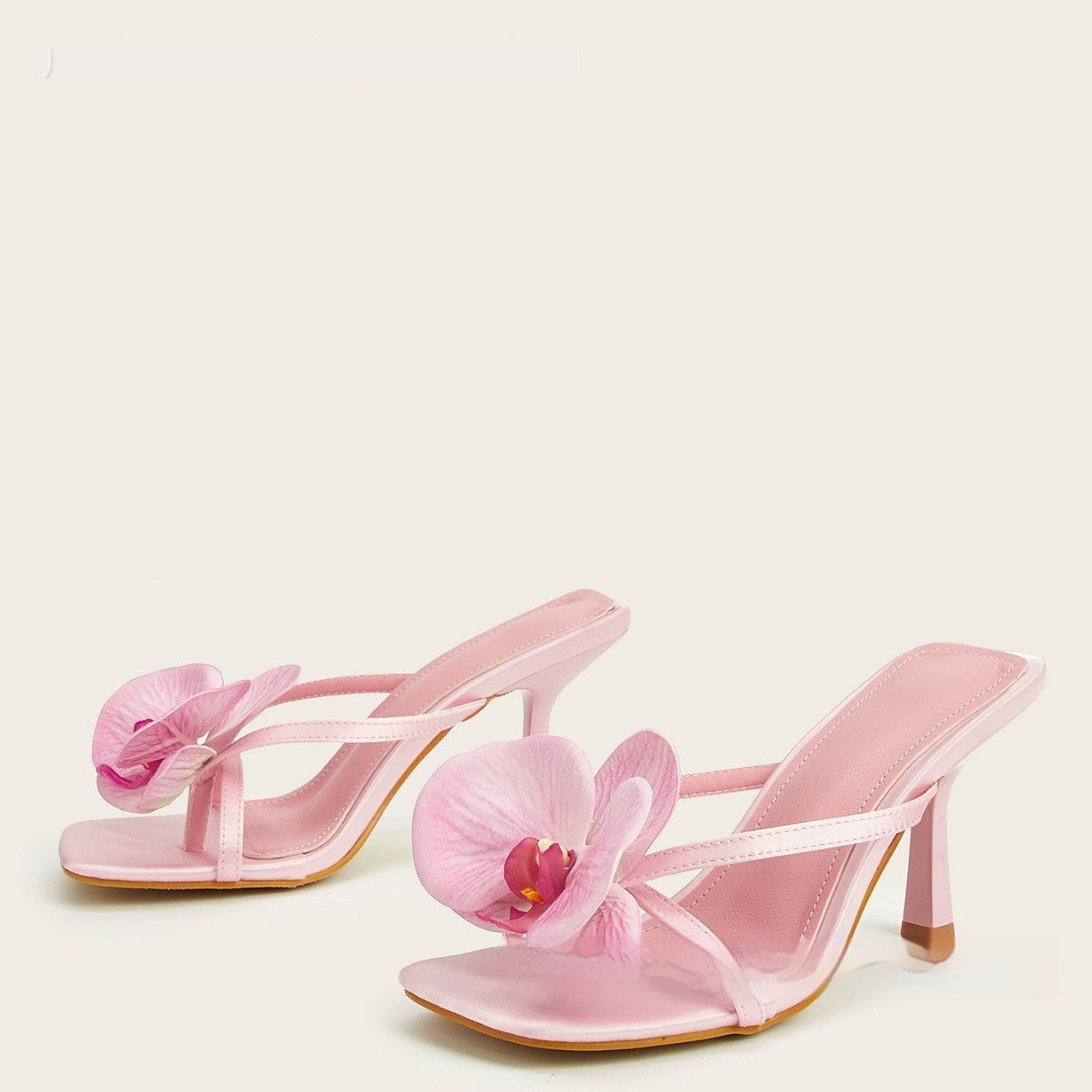 Spring And Summer Meiko Flower Decorative Flip-toe Square Toe High Heel Sandals Pink - D&A