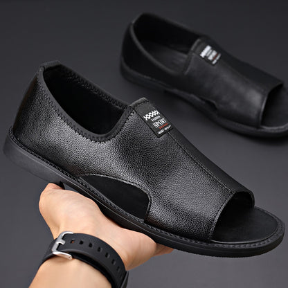 Roman Casual Sandals Soft Leather Non-slip Men Black - D&A