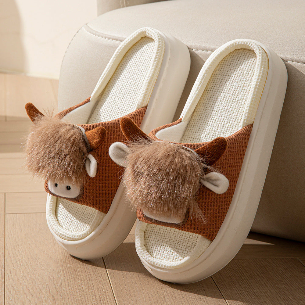 Spring And Autumn Linen Indoor Home Cartoon Eva Soft Bottom Mute Sweat-absorbent Slippers For Women Khaki - D&A