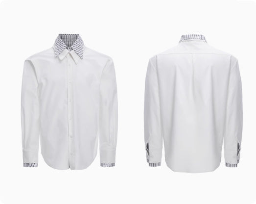 Male Niche Striped Contrasting Patchwork Shirt Top White long sleeved shirt - D&A