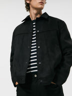 Men's Solid Color Suede Collar Jacket Black - D&A