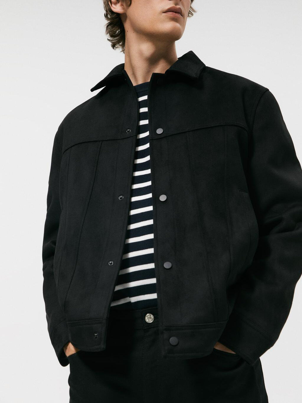Men's Solid Color Suede Collar Jacket Black - D&A