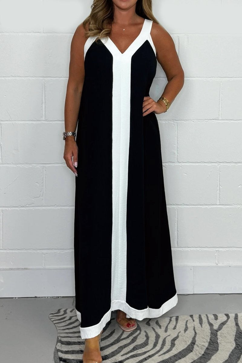 Casual Loose Contrast Color V-neck Sleeveless Long Dress Black - D&A