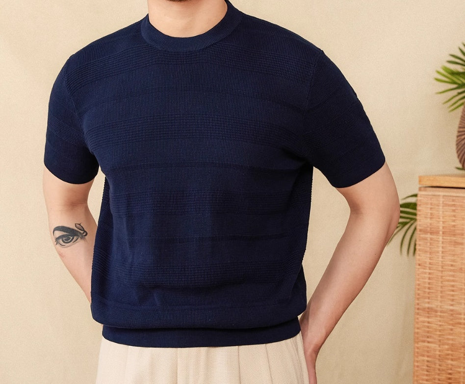 Casual Retro Summer Pure Cotton Thin Round Neck Short Sleeve Sapphire Blue - D&A