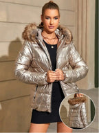 Women's Winter Ultralight Padded Jacket With Hooded Fur Collar Detachable Concealed Zipper Pocket Quilted Padded Jacket - D&A