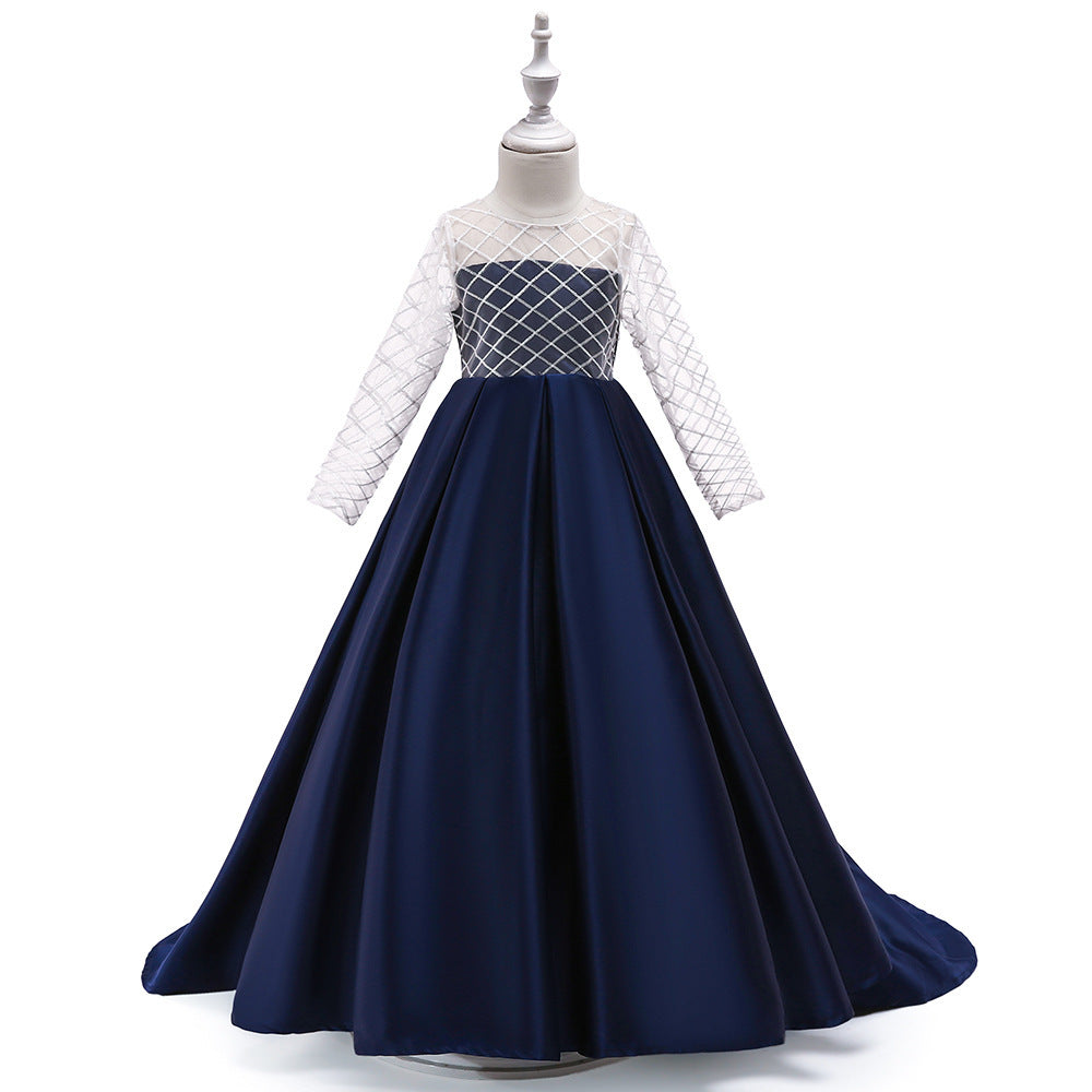 Mesh Long Sleeve Trailing Girls' Dress Navy Blue - D&A