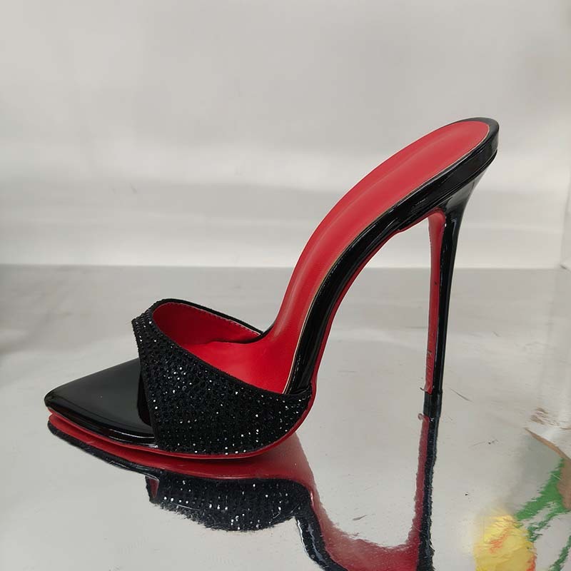 Rhinestone Ankle-strap Open Toe Sandals And Slippers Fashionable All-matching Black - D&A