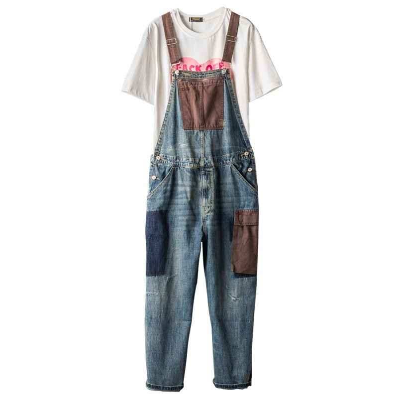Men's And Women's Contrast Color Overalls Suspender Pants