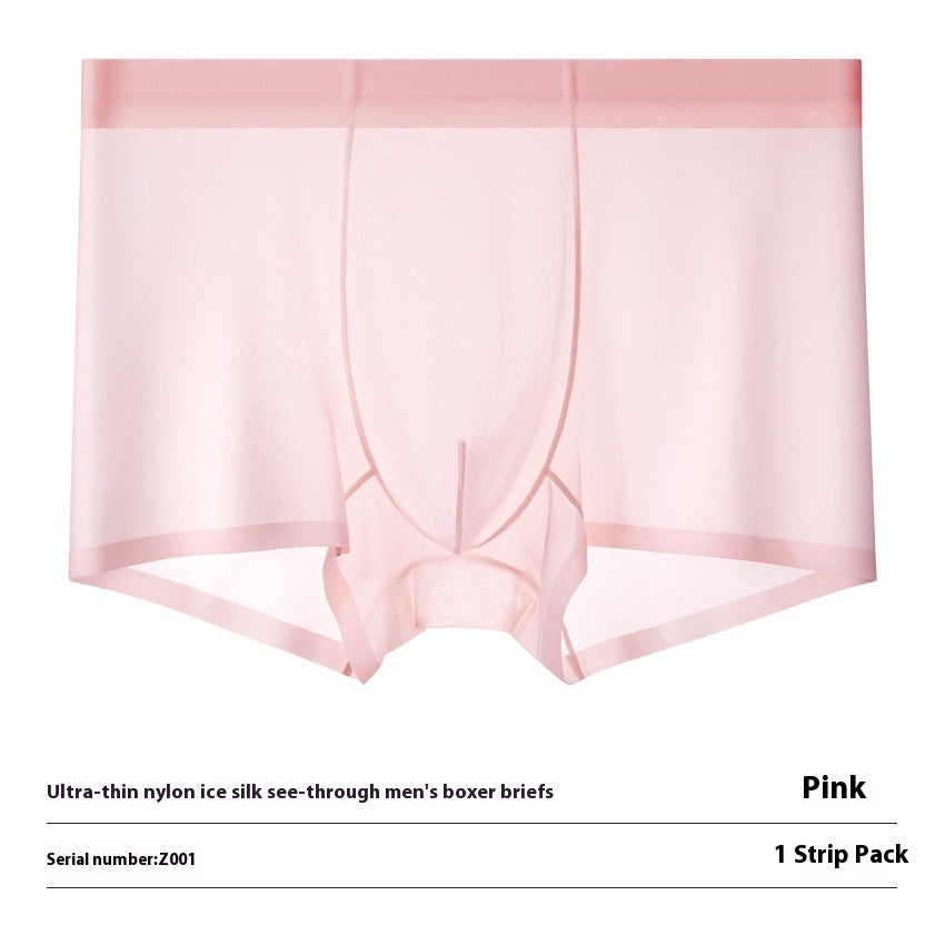 Ultra-thin Cool Ice Silk Breathable Traceless Transparent Hair Exposed Sexy Boxer Pink - D&A