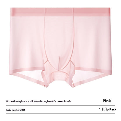 Ultra-thin Cool Ice Silk Breathable Traceless Transparent Hair Exposed Sexy Boxer Pink - D&A