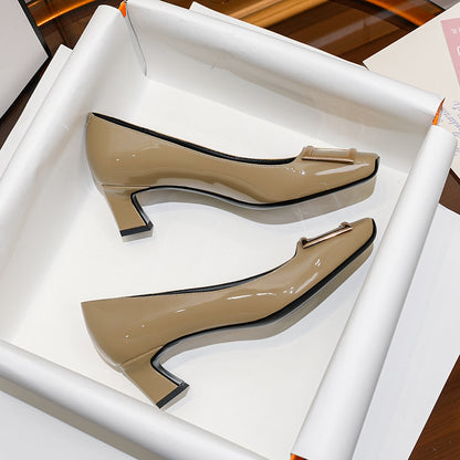Square Buckle Flats Patent Leather Square Toe Low-cut Shoes Bare Gray 4cm Root - D&A