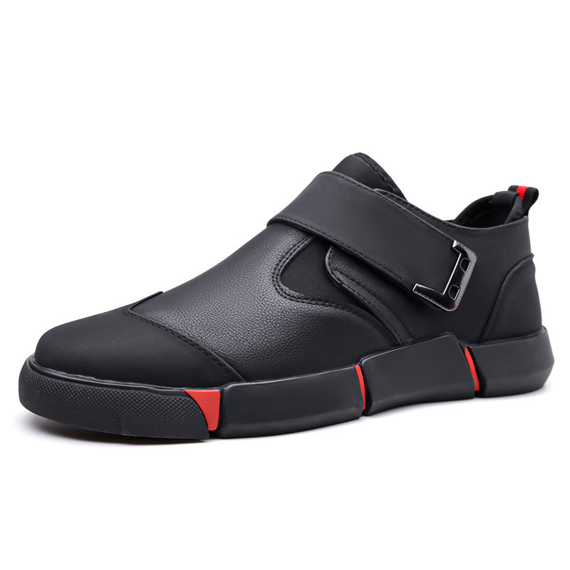 Men's Casual Leather Shoes Comfortable Slip-on Low-top Velcro Non-slip Flat Heel Shock Absorption Black - D&A