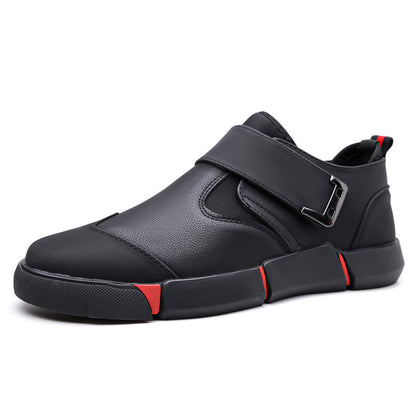 Men's Casual Leather Shoes Comfortable Slip-on Low-top Velcro Non-slip Flat Heel Shock Absorption Black - D&A