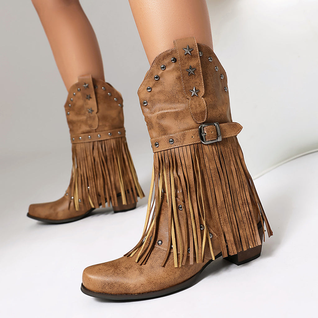 Autumn And Winter Tassel Women's Western Rivet Belt Buckle Tassel Middle Boots - D&A