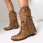 Autumn And Winter Tassel Women's Western Rivet Belt Buckle Tassel Middle Boots - D&A