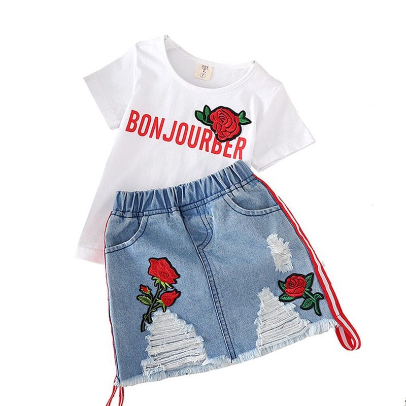 Kids Clothes White T-shirt Denim Skirt 2pcs Girls Suits - D&A