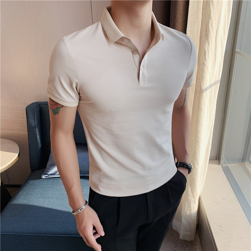 Solid Color Polo Shirt Youth Business Casual Lapels Short Sleeve Apricot - D&A