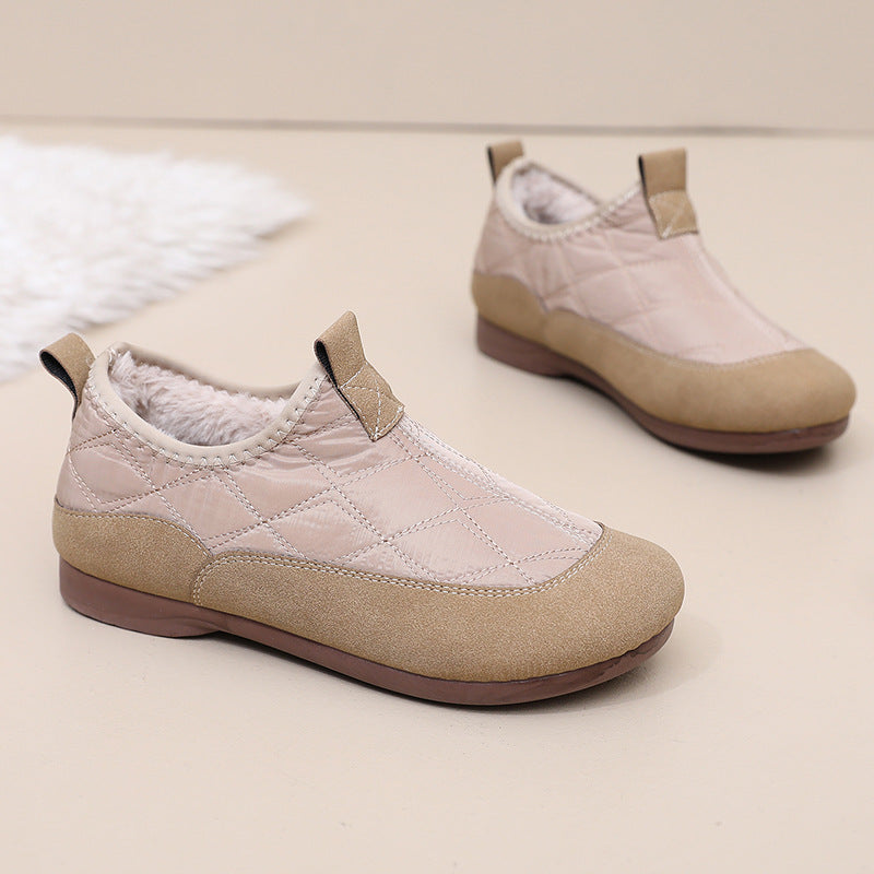 Winter Cloth Shoes For Women Plus Velvet Soft Bottom One Pedal Cotton Shoes Warm Flat Bottom Gommino Apricot Smaller Size - D&A