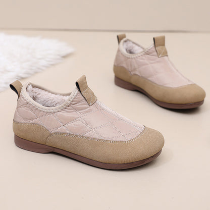 Winter Cloth Shoes For Women Plus Velvet Soft Bottom One Pedal Cotton Shoes Warm Flat Bottom Gommino Apricot Smaller Size - D&A