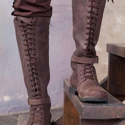 Long Boots Female High Tube Lace-up Low Heel Brown - D&A