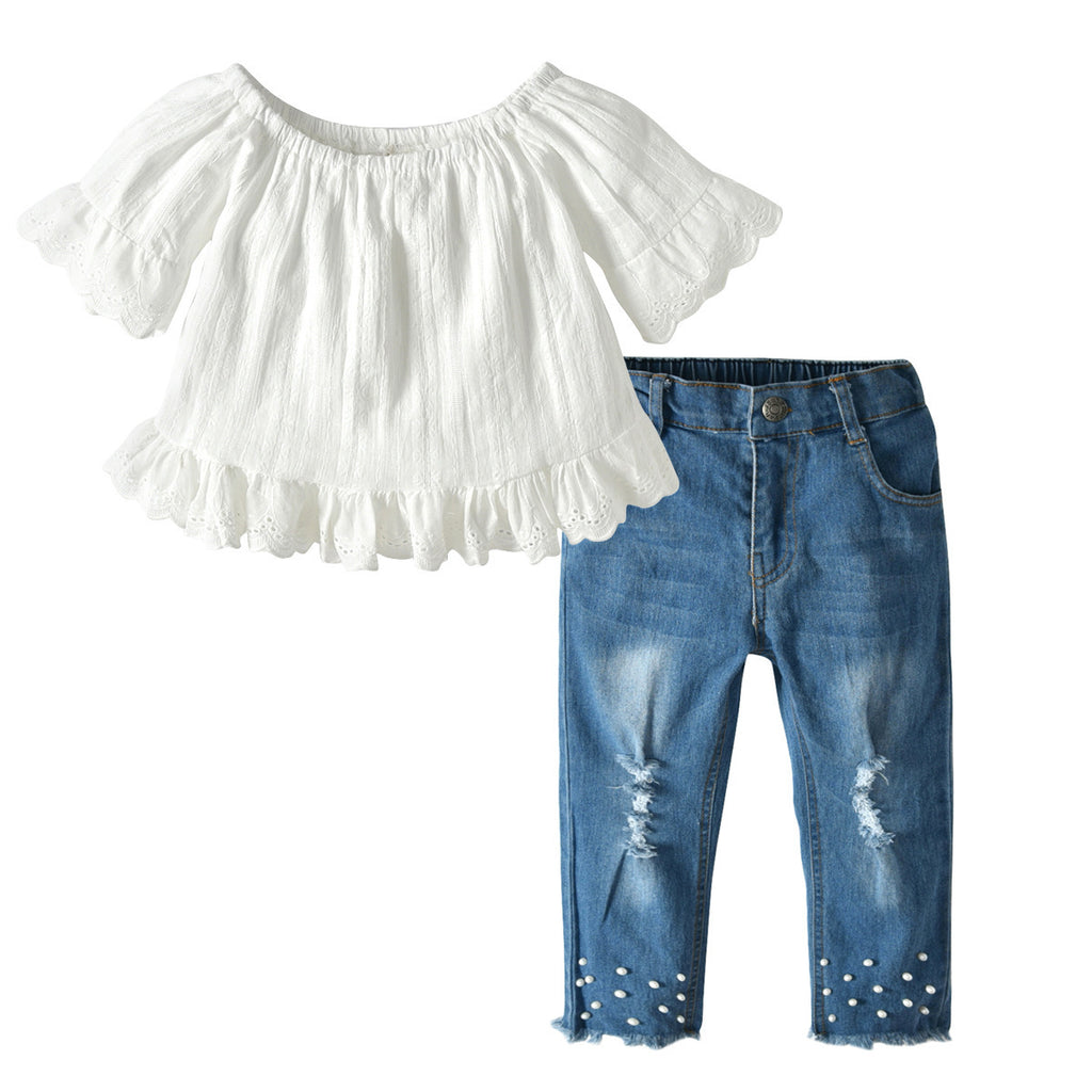 Girls Lace Pearl Jeans Set White - D&A