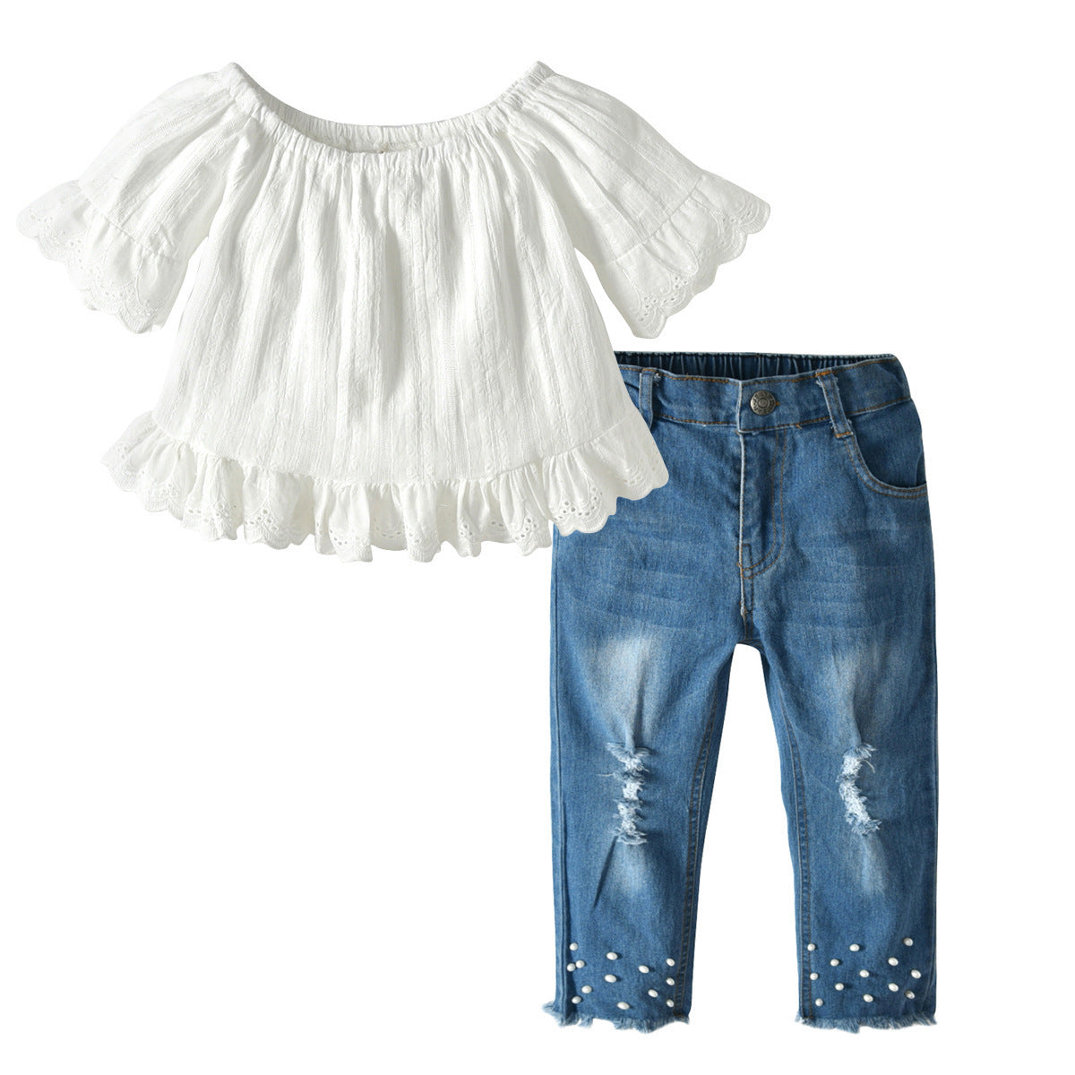 Girls Lace Pearl Jeans Set White - D&A