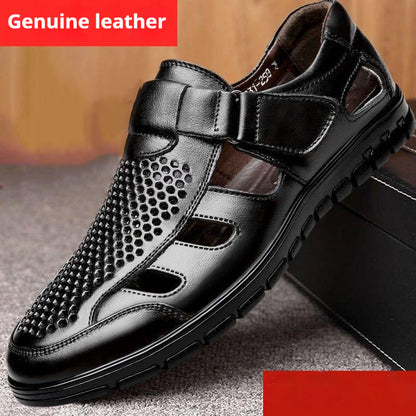 Men's Business Casual Hollow Work With Holes Leather Sandals 1666 Black - D&A