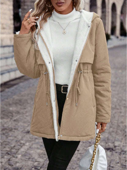 Drawstring Waist Hooded Plush Lined Parka Coat Khaki - D&A