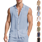 Sleeveless Linen Polo Collar Solid Color Cardigan Beach Shirt Vest - D&A