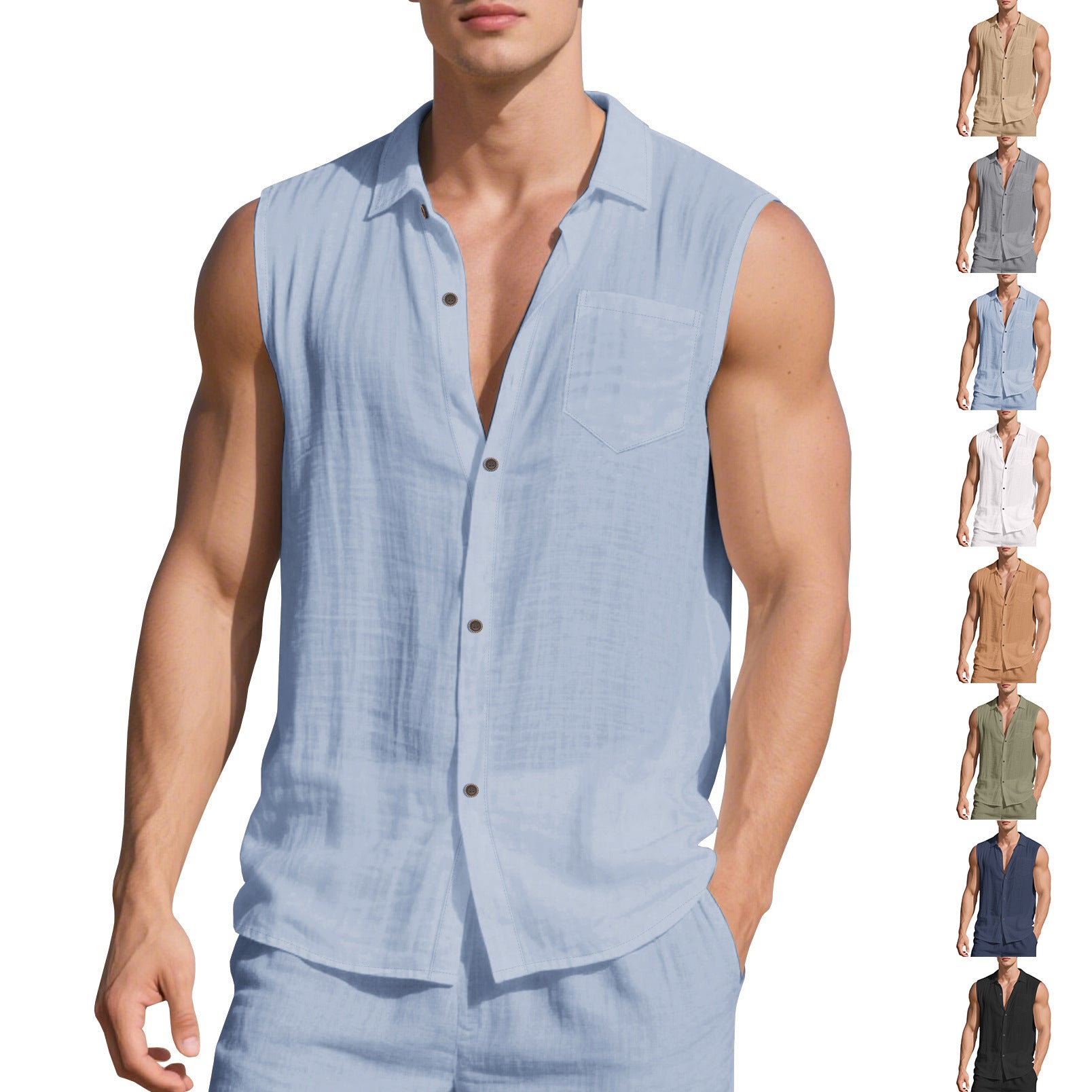 Sleeveless Linen Polo Collar Solid Color Cardigan Beach Shirt Vest - D&A