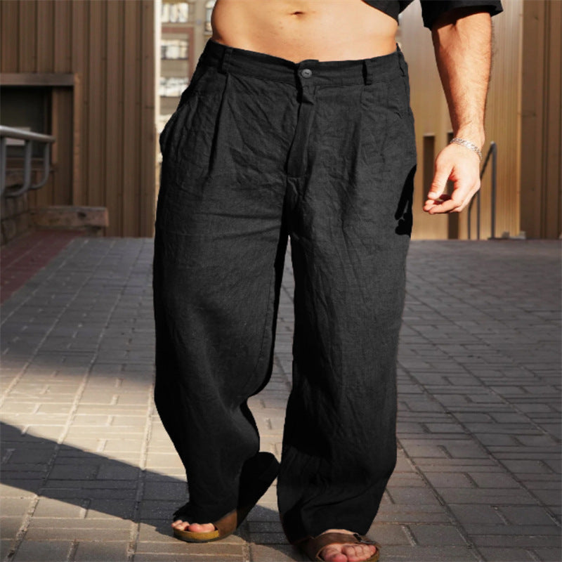Men's Spring And Summer Linen Pleated Wide-leg Pants Mid-waist Breathable Black - D&A