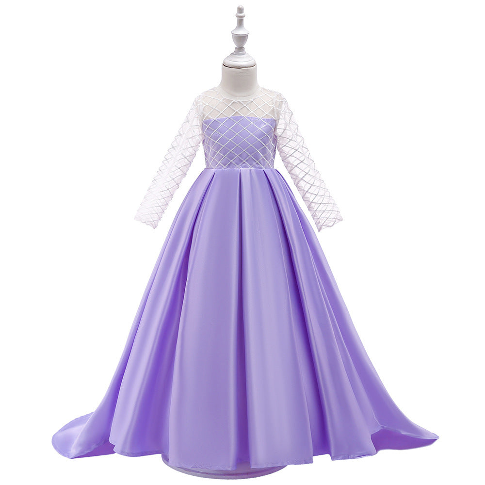 Mesh Long Sleeve Trailing Girls' Dress Light purple - D&A