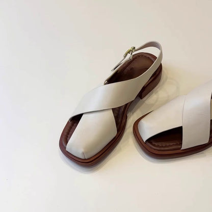 Women's Retro Hollow-out Roman Sandals With Buckle Beige - D&A