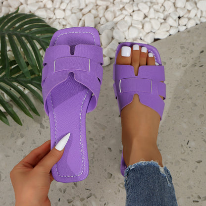 Solid Color Lightweight Flat Slippers Women's Outdoor Beach Sandals Purple - D&A