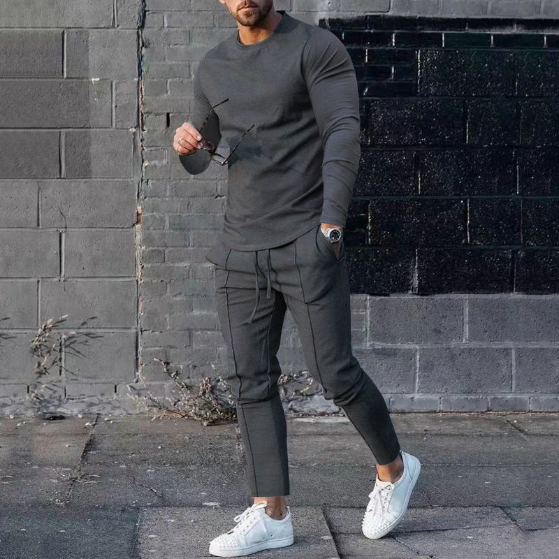 Spring Round Neck Long Sleeve T-shirt Trousers Solid Color Men's Two-piece Suit Dark Gray - D&A