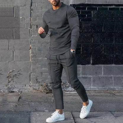 Spring Round Neck Long Sleeve T-shirt Trousers Solid Color Men's Two-piece Suit Dark Gray - D&A