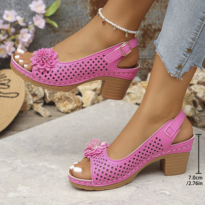 Plus Size Flower Casual Buckle Solid Color High Heel Sandals Pink - D&A