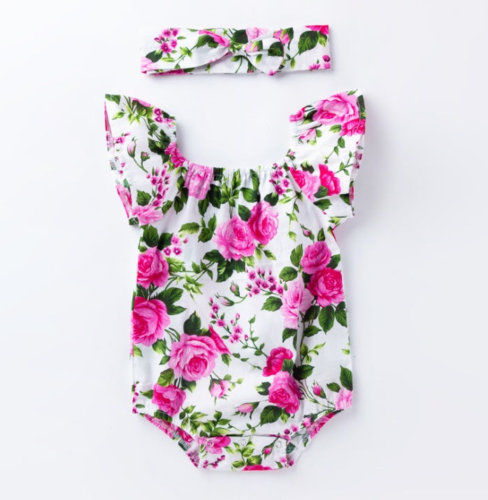 Children's wear, baby, cotton, baby, baby print, small flying sleeves, romper White - D&A