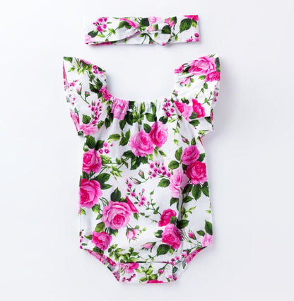 Children's wear, baby, cotton, baby, baby print, small flying sleeves, romper White - D&A