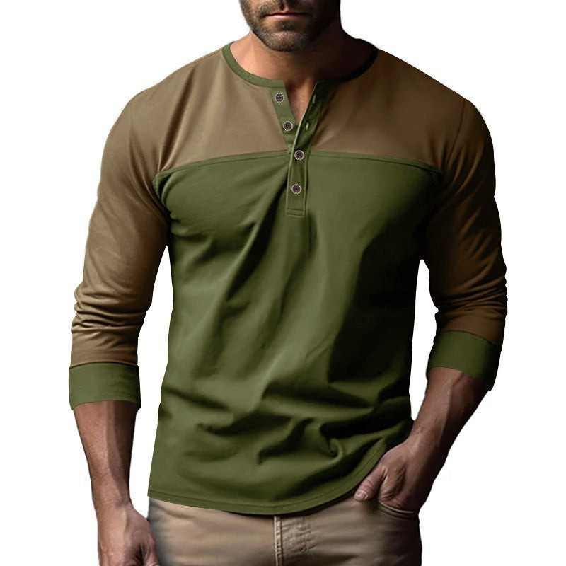 Retro Trendy Long-sleeve Color Matching Henry Collar Bottoming Shirt Casual T-shirt - D&A