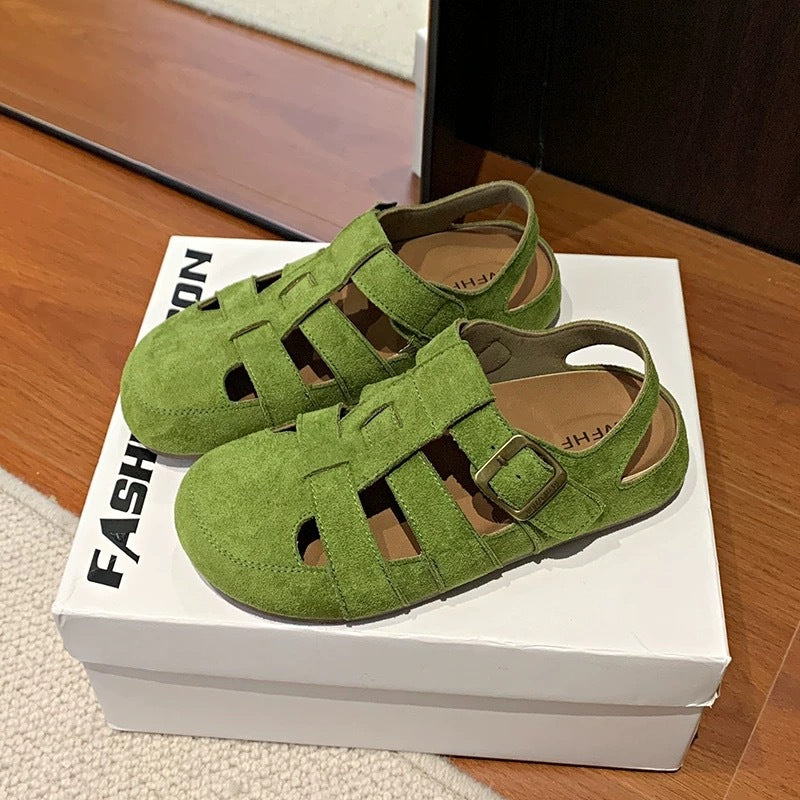 Retro Closed Toe Sandals Two-way Hollow-out Half Slippers Green - D&A