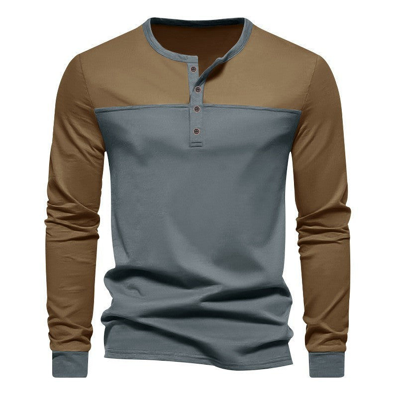 Retro Trendy Long-sleeve Color Matching Henry Collar Bottoming Shirt Casual T-shirt Brown Iron Gray - D&A